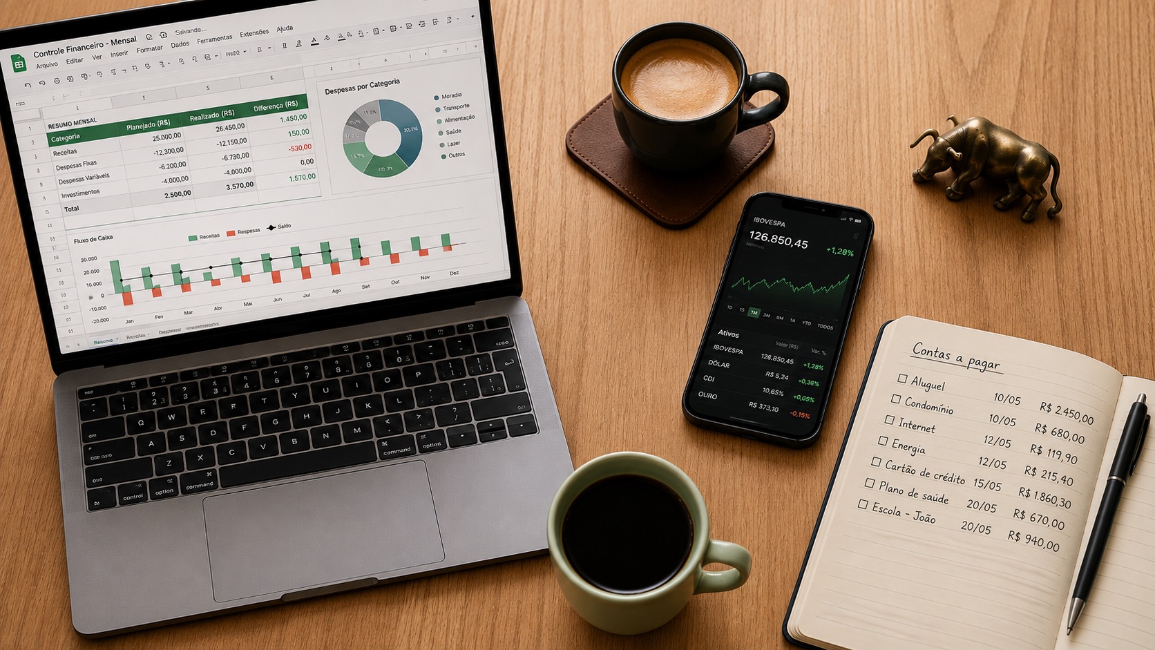 Mesa de trabalho com planilha de controle financeiro no notebook, celular com cotações do Ibovespa, dólar e CDI, e caderno com contas a pagar