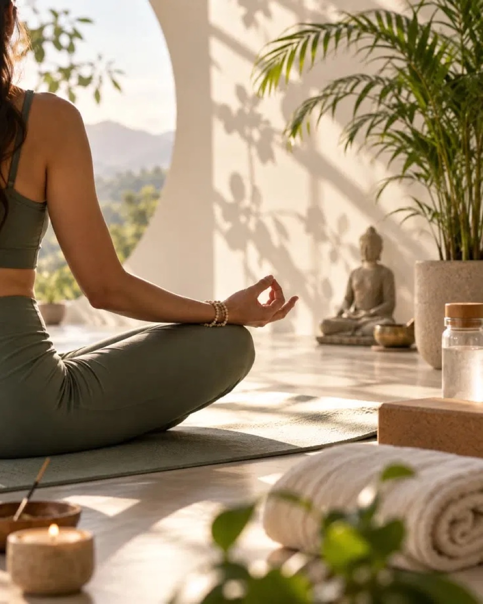 Mulher meditando em um espaço iluminado