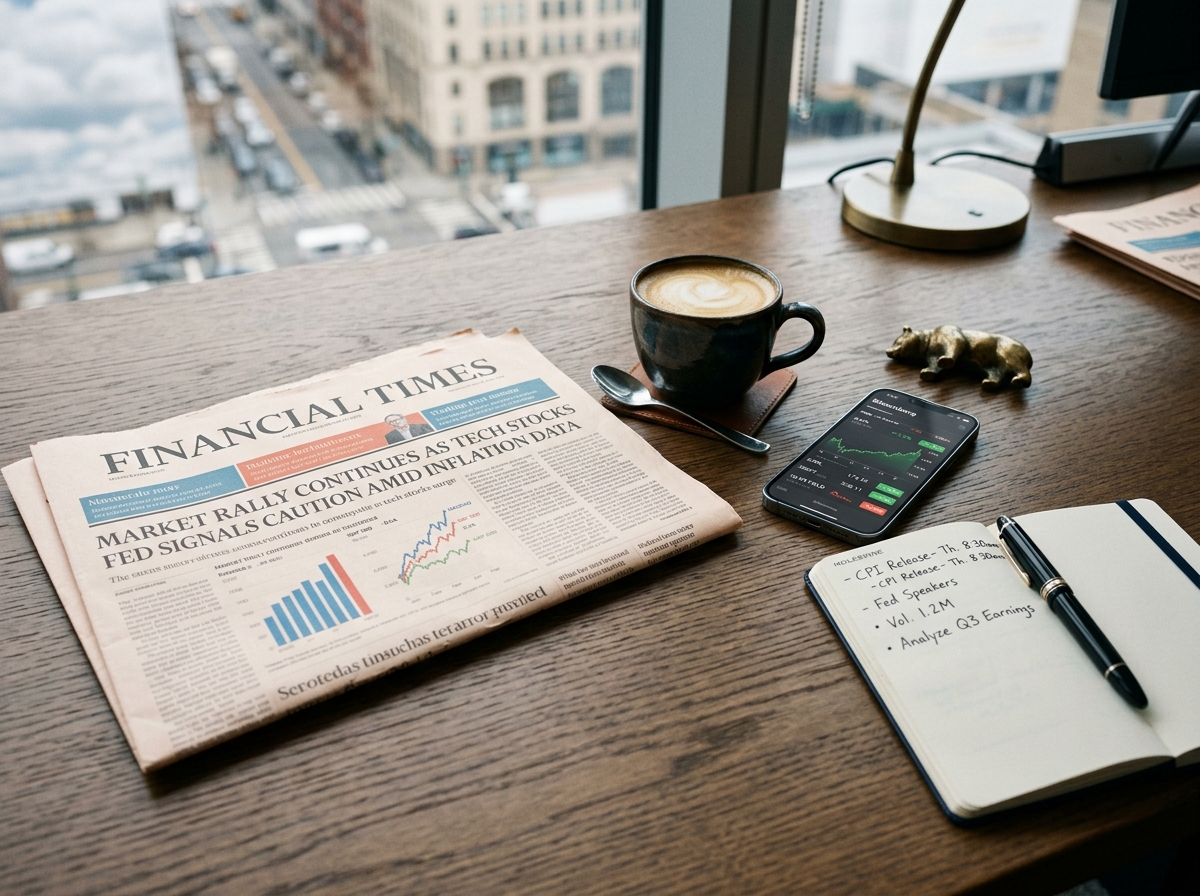 Mesa de trabalho com jornal financeiro, caderno de anotações e celular com gráficos de mercado